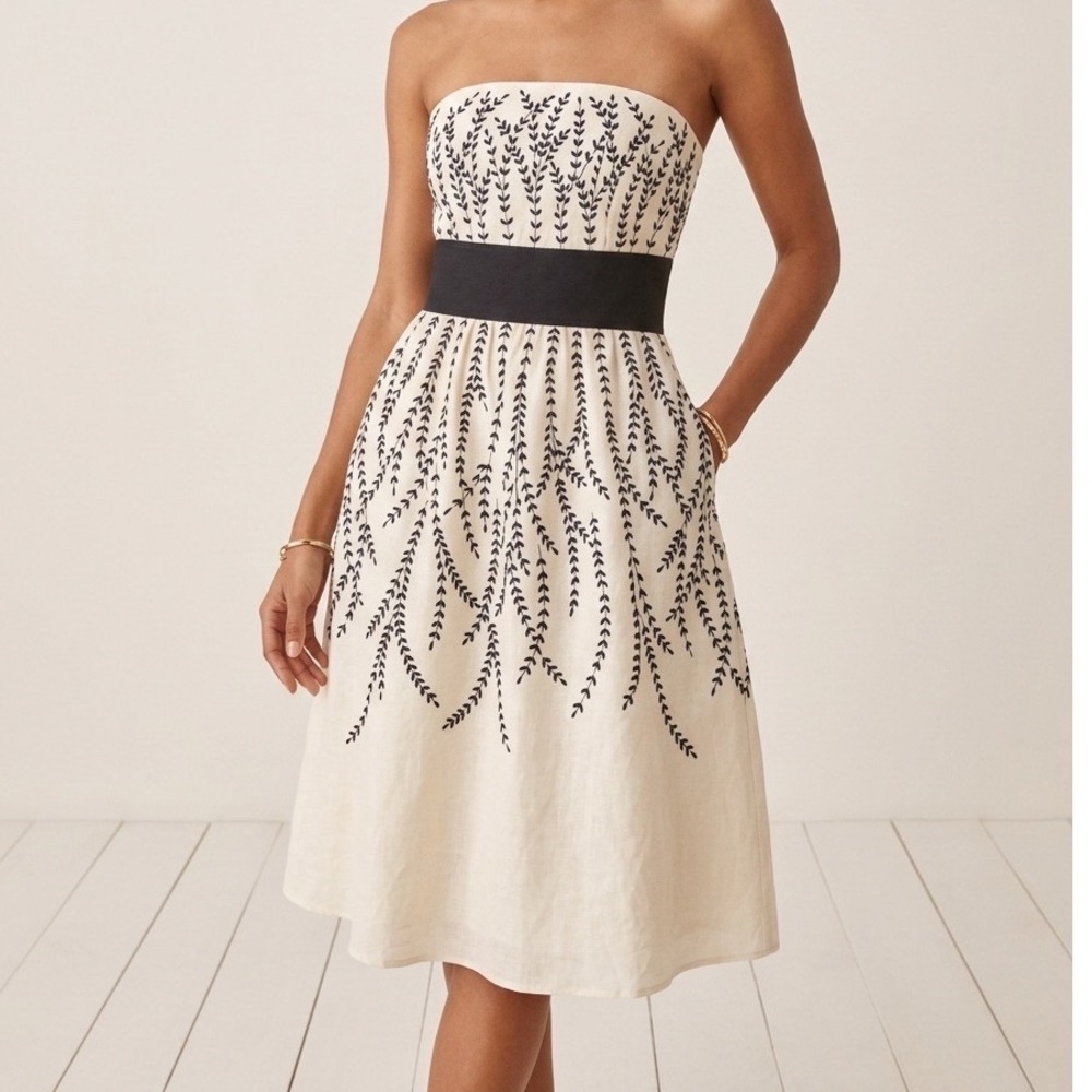Ann Taylor Strapless Cream Dress with Black Waistband and Embroidered Motif